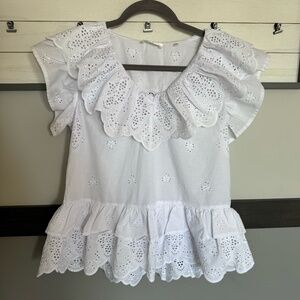 7 FOR ALL MANKID floral ruffle eyelet crochet v-neckline size small cap sleeve